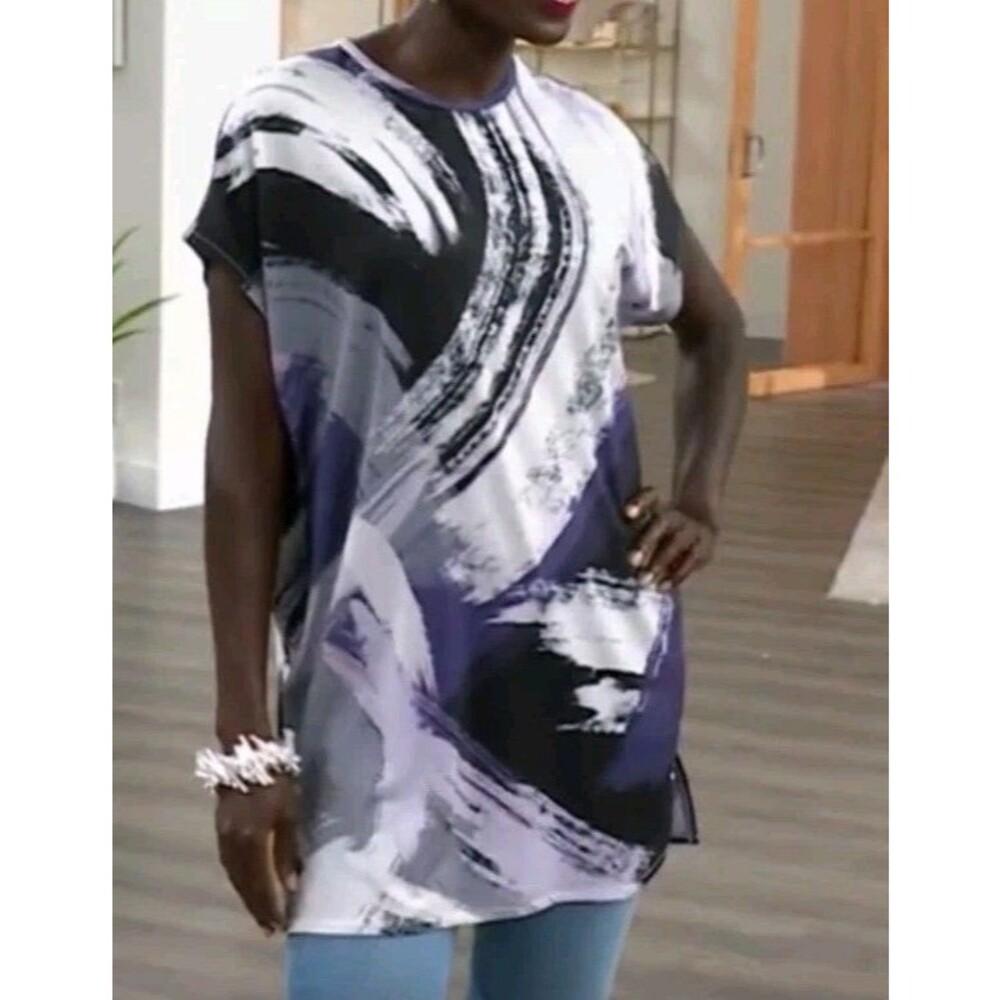 NWOT WynneLayers Women's  Painterly Abstract Tunic Top Blouse  Black/Grey Sz Med